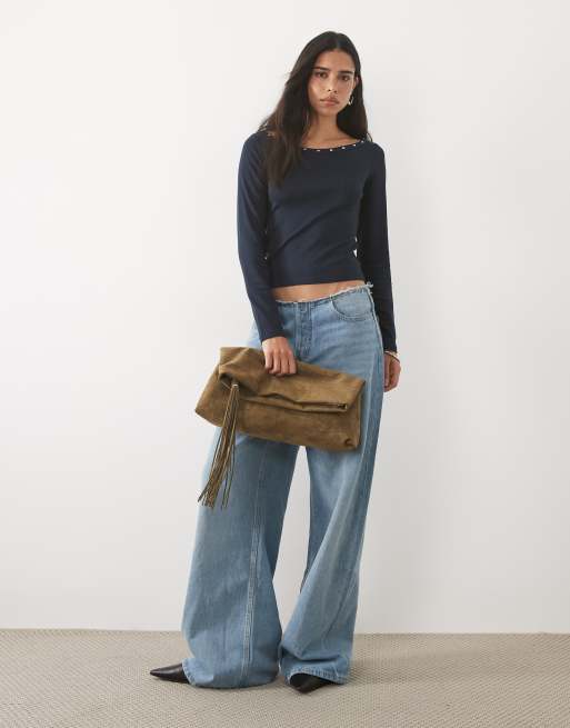 Mango boat neck studded long sleeve top in blue, 2 of 4