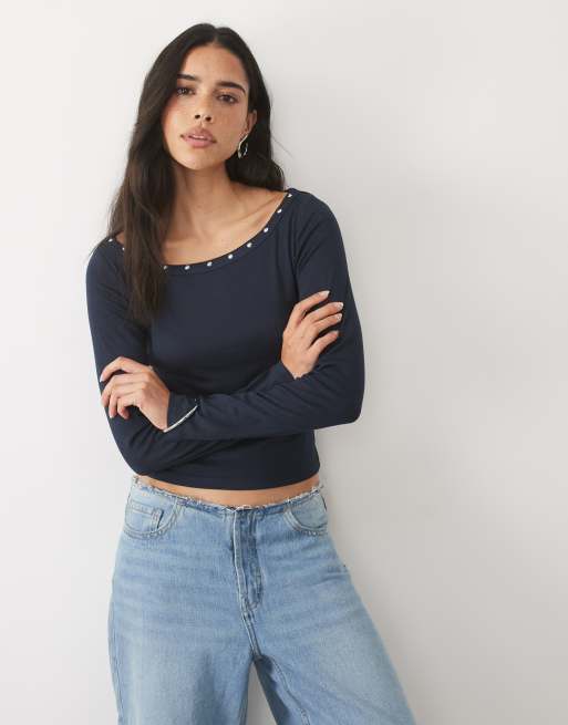 Mango boat neck studded long sleeve top in blue, 3 of 4