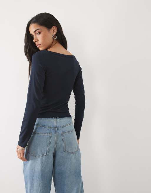 Mango boat neck studded long sleeve top in blue, 4 of 4