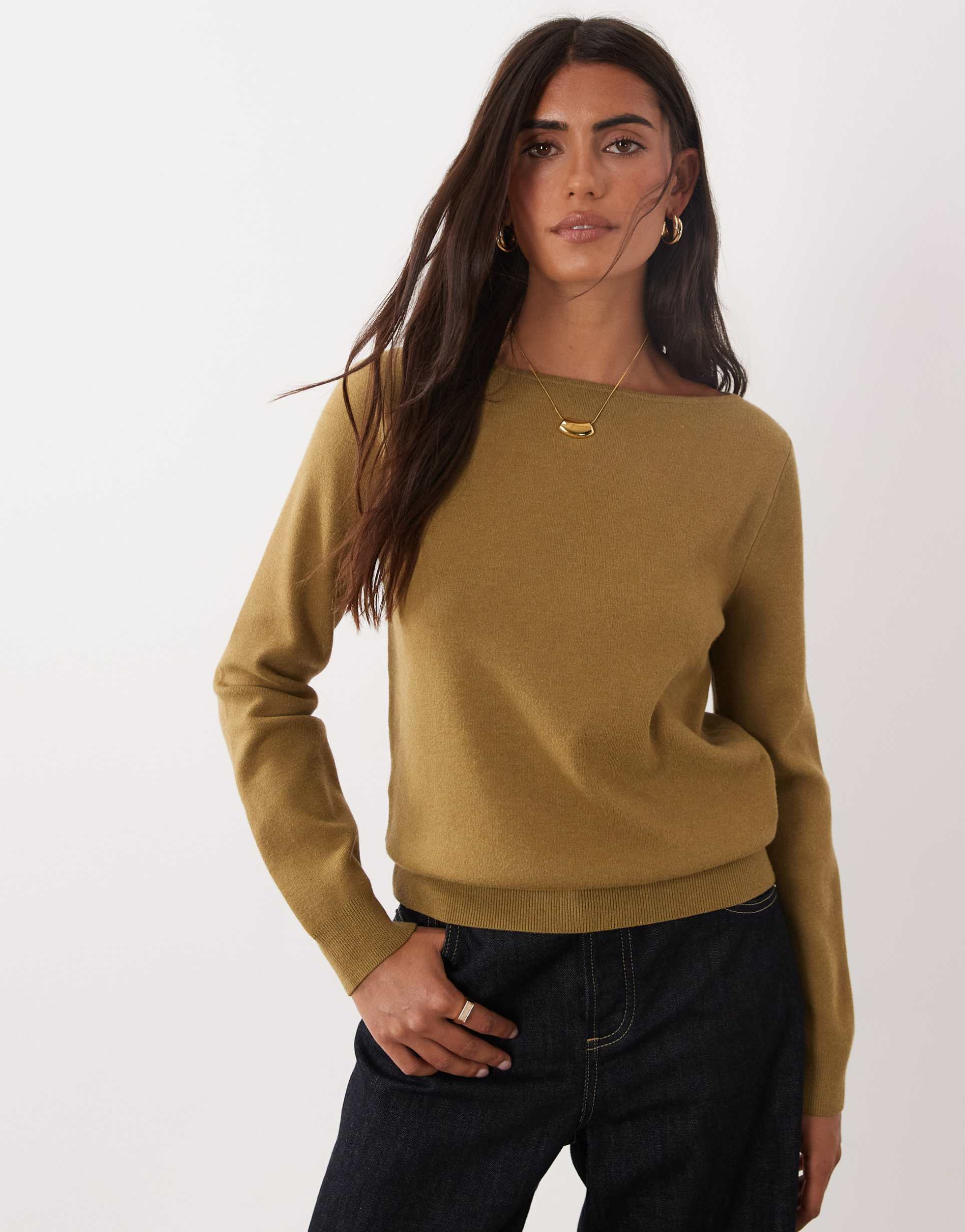mango boat neck sweater in khaki green