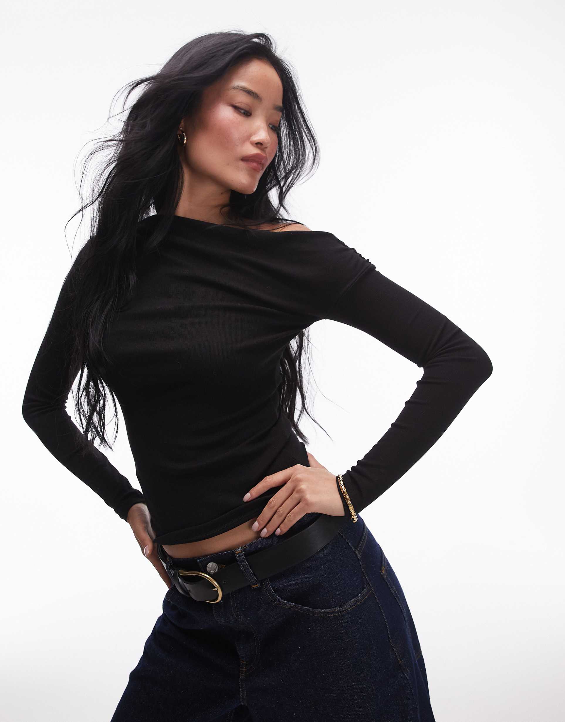mango boat neck top long sleeve top in black