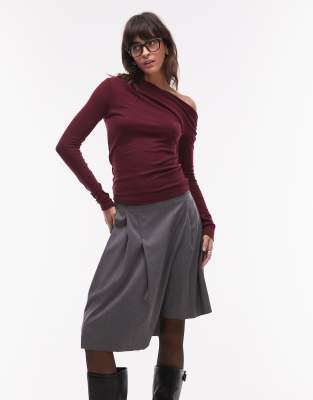 Mango Boat Neck Top Long Sleeve Top In Dark Red