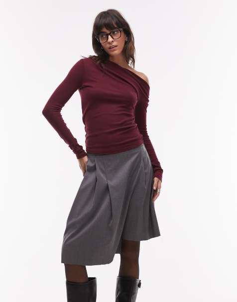 Mango boat neck top long sleeve top in dark red
