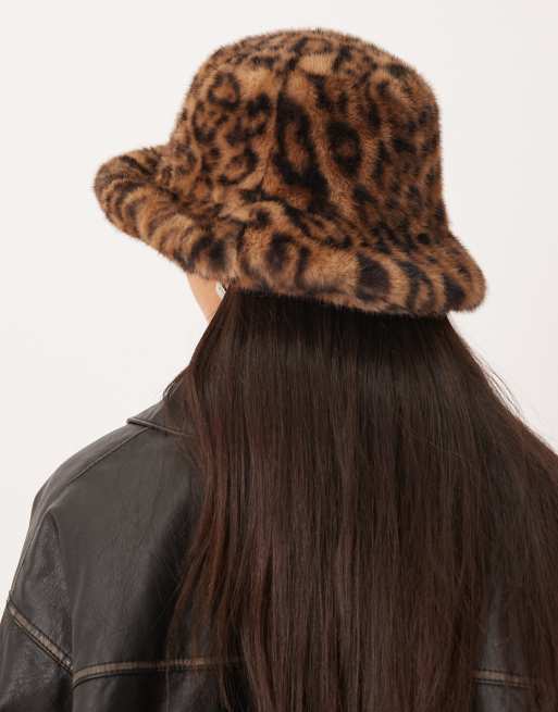Chapeau Bob Léopard Toucher Suédine - Tour De Tête ~57 Cm - Marron - Polyester Pliable - Style Tendance