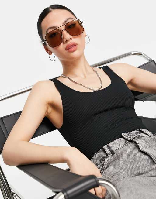 Mango - Body con scollo posteriore sul retro in poliestere a coste nero - BLACK