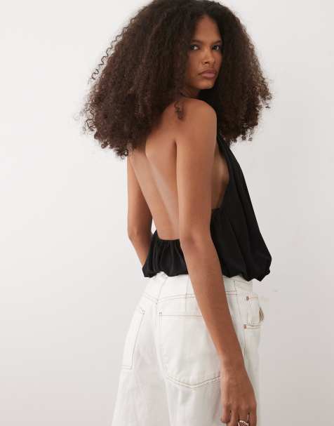 Mango - Body met halternek, pofzoom en open achterkant in zwart - view 1