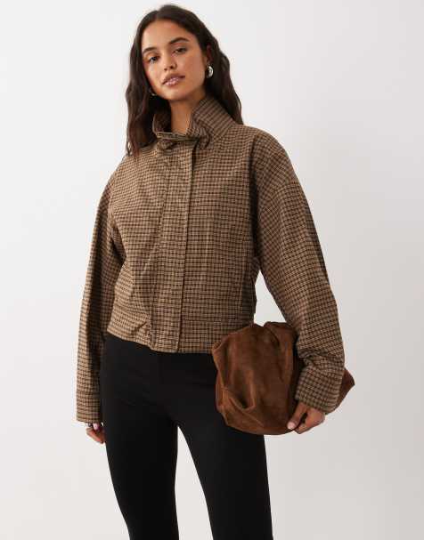 Mango bomber jacket con collo alto a quadri marrone - view 1
