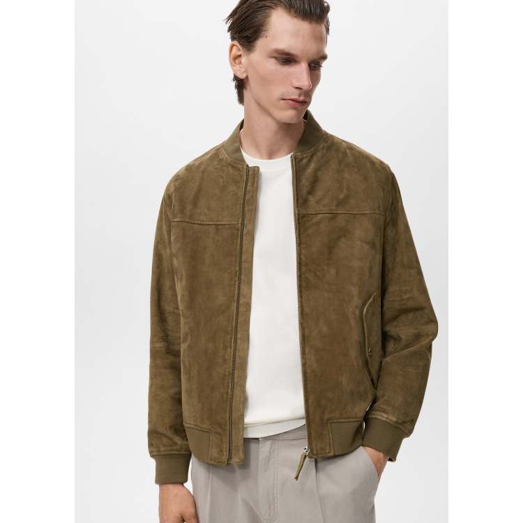Mango – Bomberjacke mit Lederoptik in Khaki ASOS