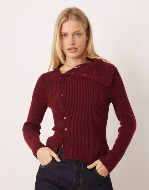 Mango - Bordeaux striktrøje med asymmetrisk knapstolpe - view 1