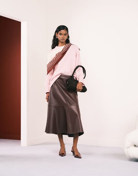 Mango faux leather midi skirt in burgundy