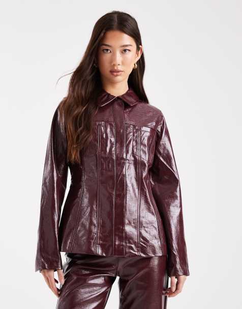 Vero Moda cinched waist vinyl jacket co-ord in burgundy