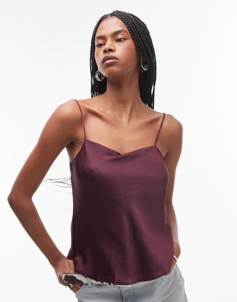 Mango satin cami top in burgundy