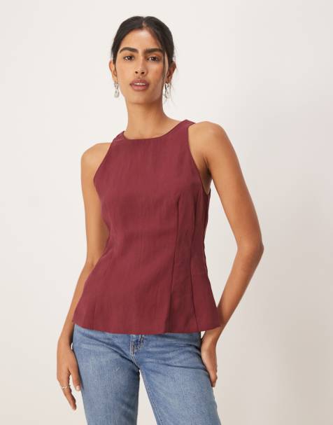 Mango cinched waist sleeveless top in burgundy