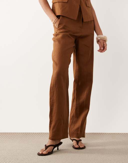 Mango Boreli 100% linen straight leg trouser co-ord in brown, 2 of 5