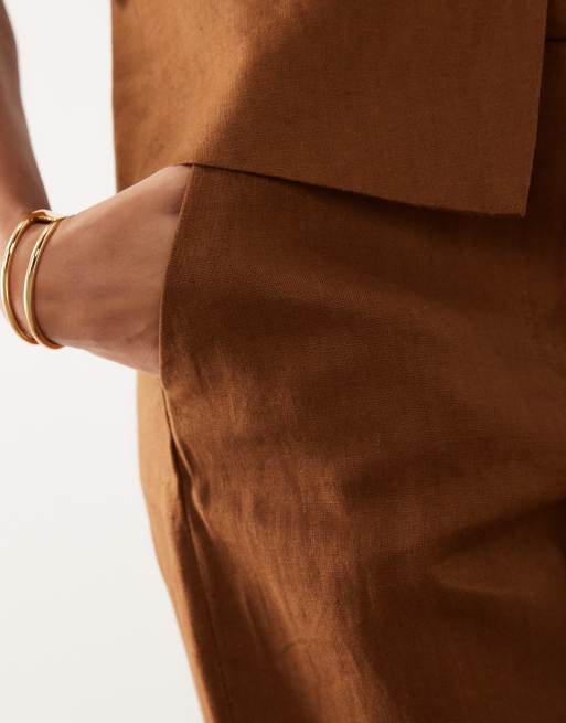 Mango Boreli 100% linen straight leg trouser co-ord in brown, 4 of 5