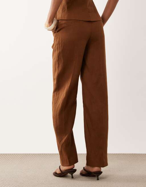 Mango Boreli 100% linen straight leg trouser co-ord in brown, 5 of 5