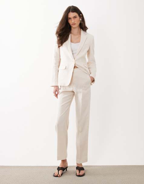 Mango Boreli 100% linen tailored straight pants in cream - part of a set - view 1