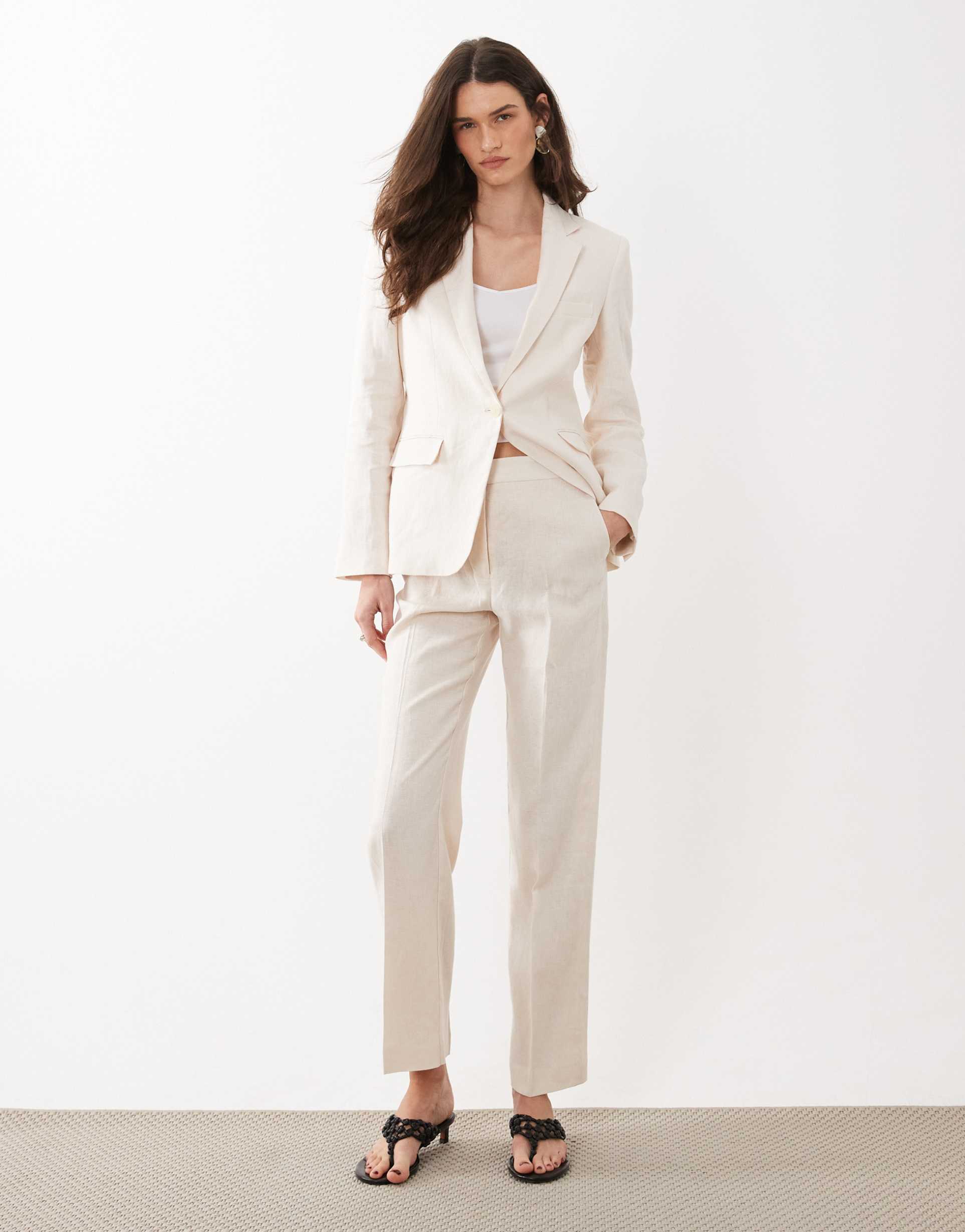 mango boreli 100% linen tailored straight pants in cream - part of a set