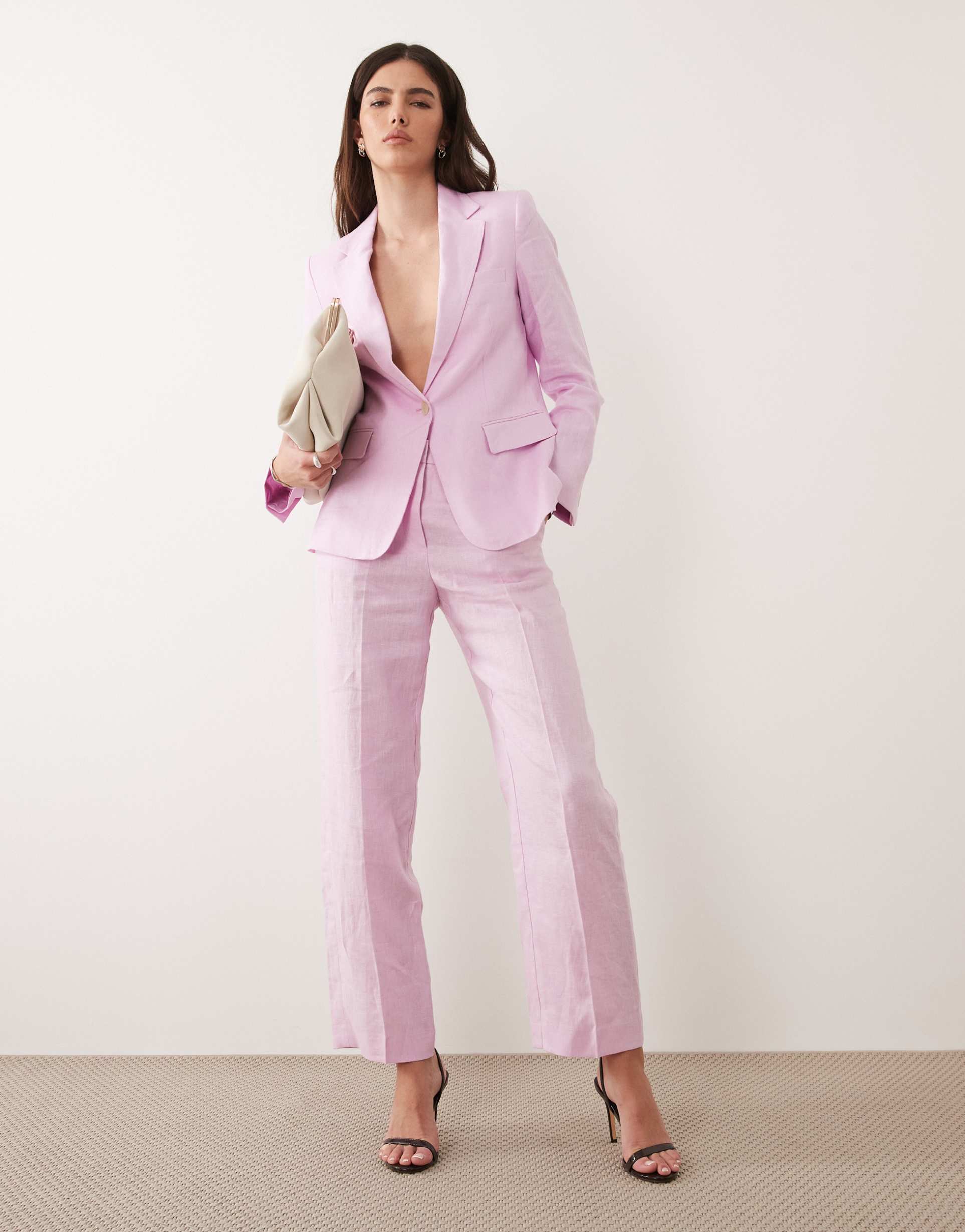 mango boreli 100% linen tailored straight pants in pastel pink - part of a set