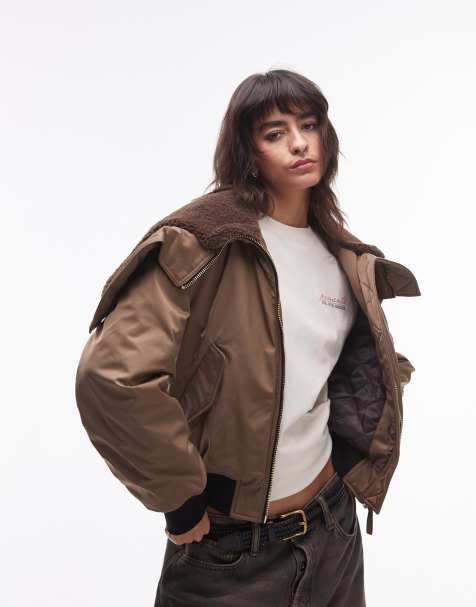 Mango borg detail short puffer coat in khaki - view 1