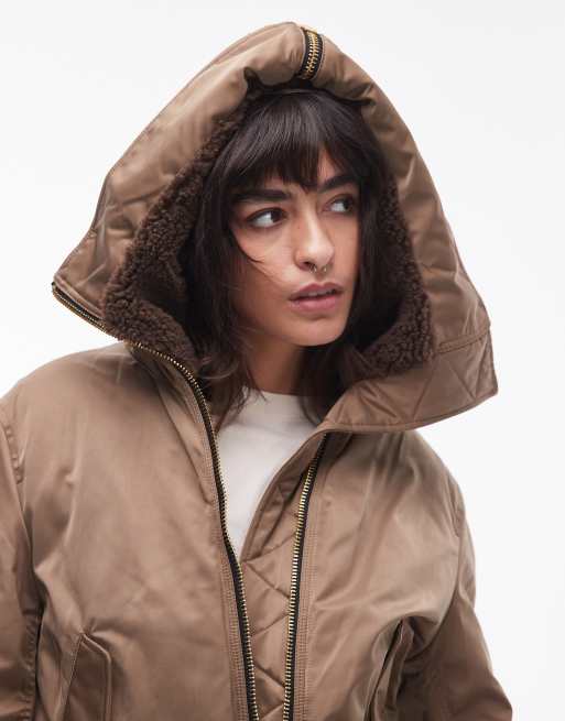 Mango borg detail short puffer coat in khaki ASOS