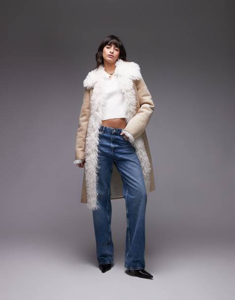 Mango borg lined longline coat in tan - view 1