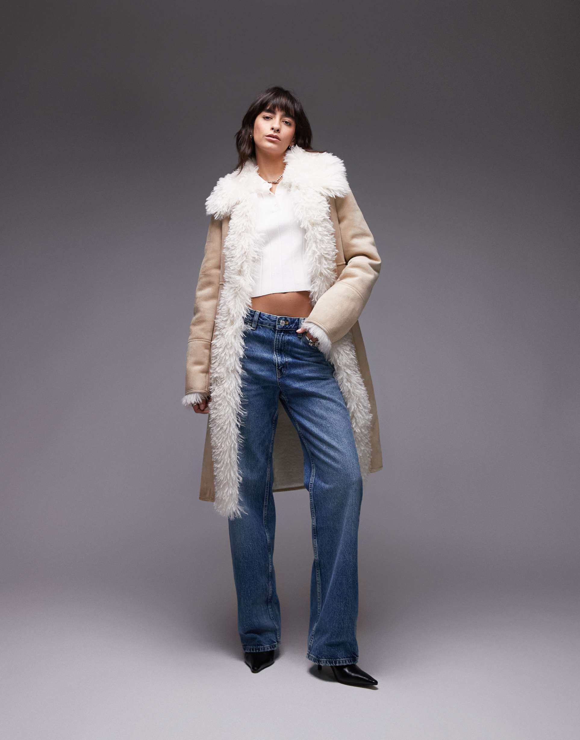 mango borg lined longline coat in tan