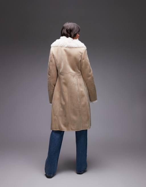 Mango borg lined longline coat in tan ASOS