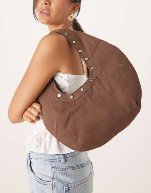 Mango - Borsa a mano ampia in cotone color mocha con borchie