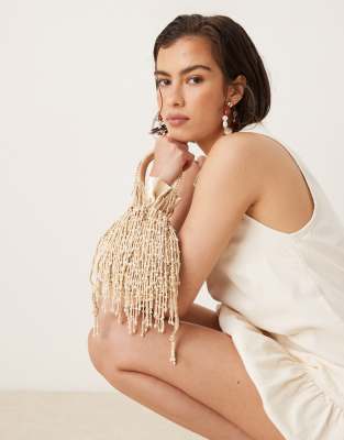 Mango - Borsa a mano color crema con perline e frange