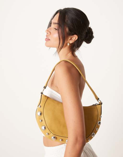 Mango - Borsa a mano in pelle color cuoio con borchie e finiture con frange