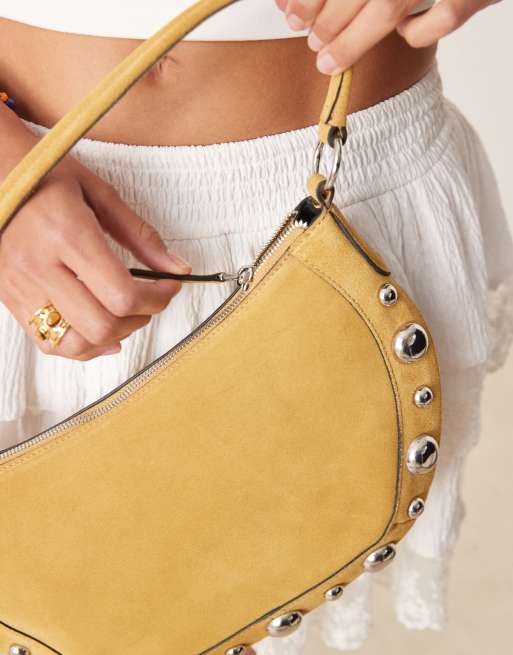 Mango - Borsa a mano in pelle color cuoio con borchie e finiture con frange, 3 di 4