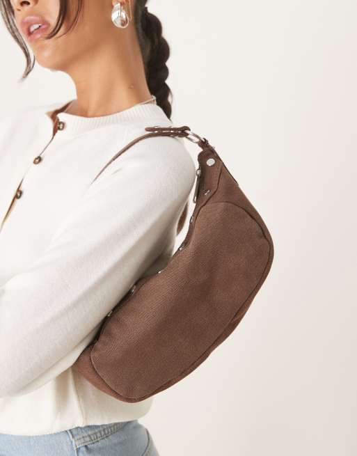 Mango - Borsa a mano piccola in cotone color mocha con borchie