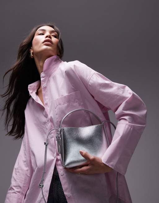 Mango - Borsa a secchiello piccola color argento a tracolla