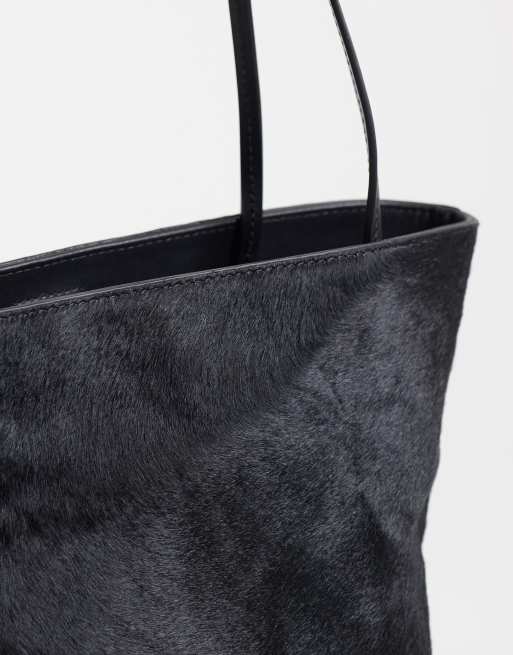 Mango borsa a spalla in pelle cavallino nera, 3 di 4