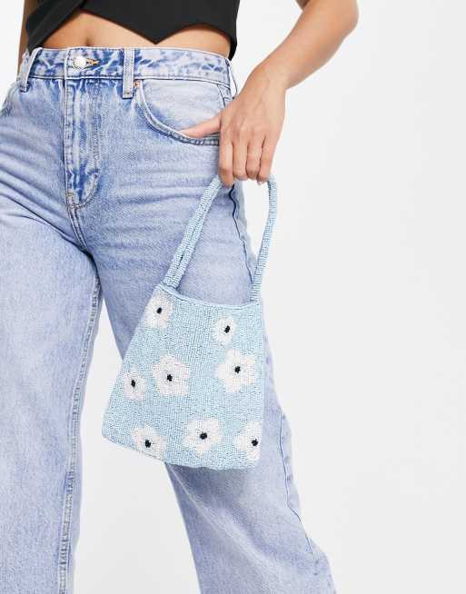 Mango - Borsa blu a margherite con perline
