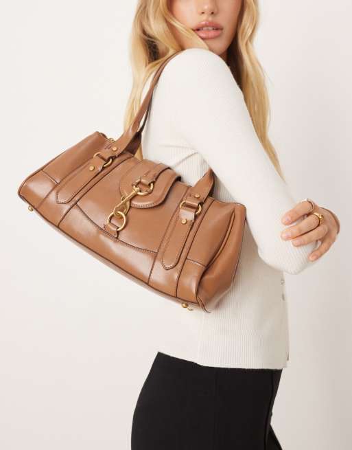 Mango - Borsa bowling da spalla stile rétro color toffee con gancio