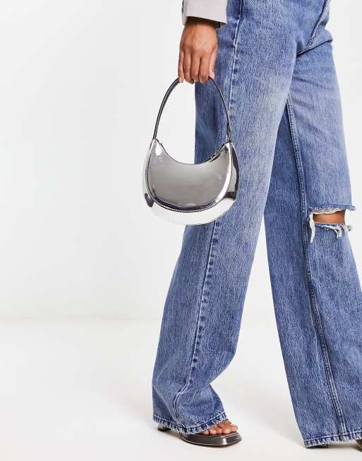 Mango - Borsa da spalla a semicerchio color argento