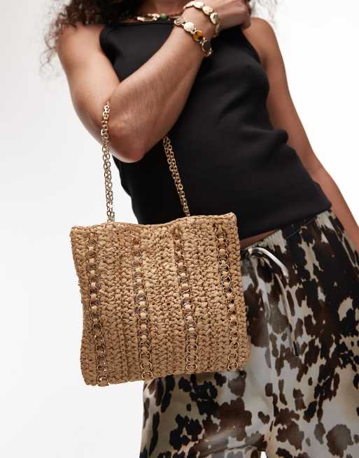 Mango - Borsa da spalla beige chiaro in rafia con dettagli circolari in metallo