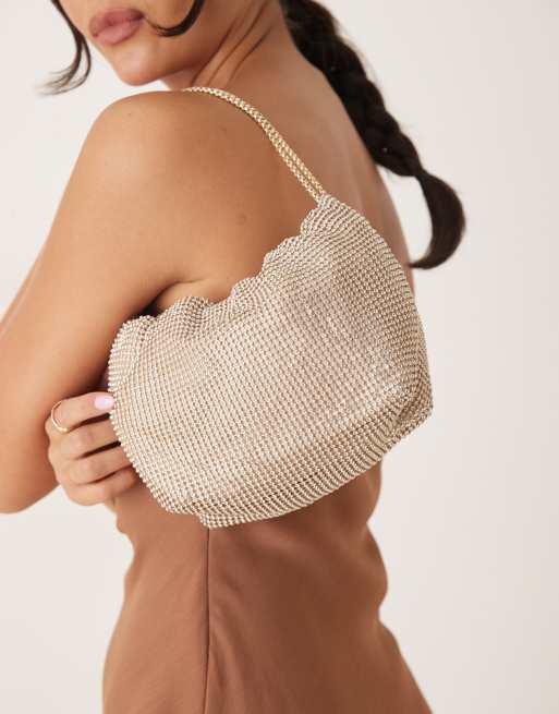 Mango - Borsa da spalla color oro con catenina di strass 