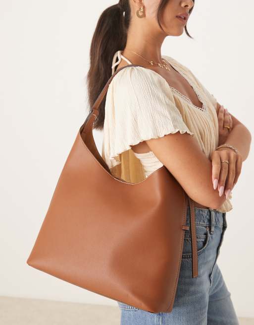 Mango - Borsa da spalla grande color cuoio con tracolla regolabile