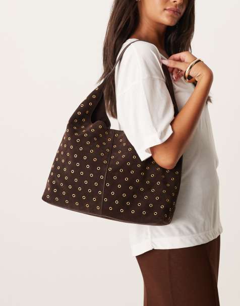 Mango - Borsa da spalla grande in 100% camoscio marrone scuro con occhielli - view 1