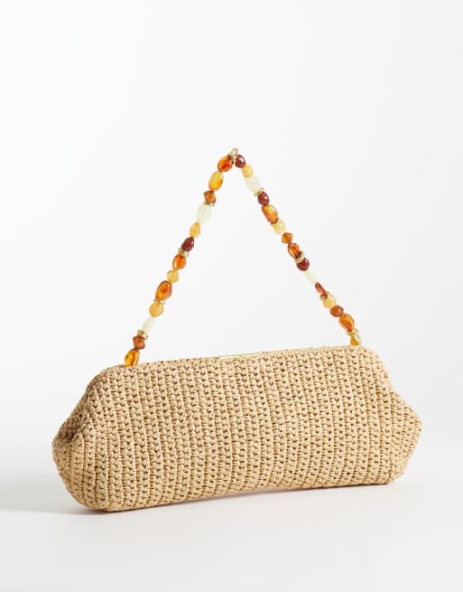 Mango - Borsa da spalla in rafia beige con tracolla con perline, 4 di 4