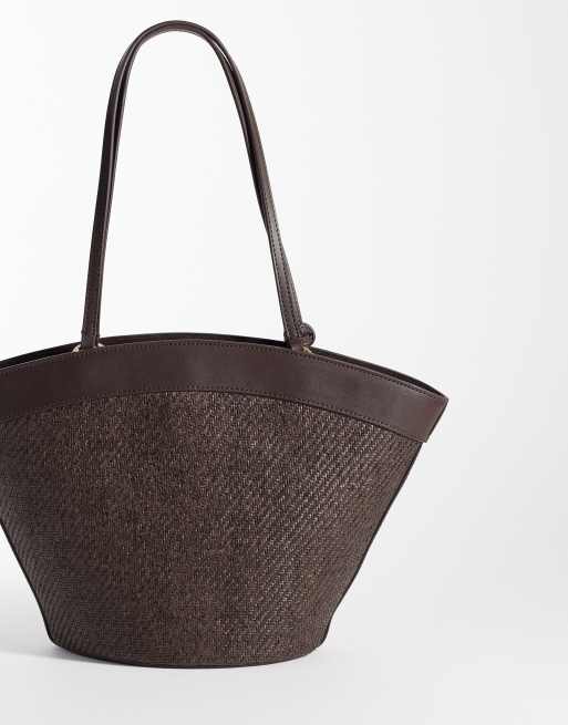 Mango - Borsa da spalla intrecciata marrone con finiture in pelle sintetica, 4 di 4