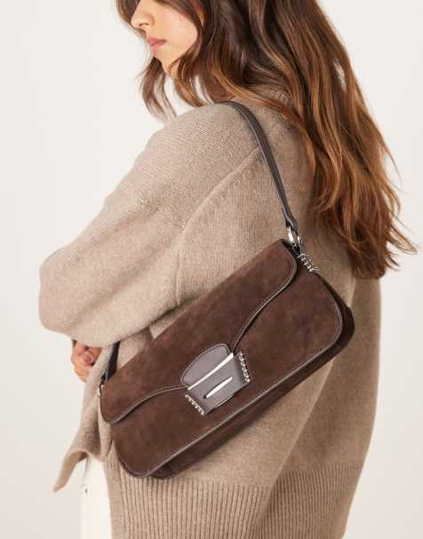 Mango - Borsa da spalla marrone scuro in pelle con cuciture a contrasto - view 1