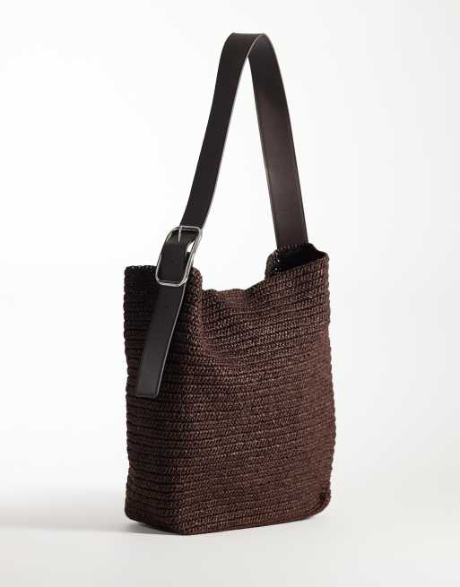 Mango - Borsa da spalla rettangolare color cioccolato in tessuto con fibbia