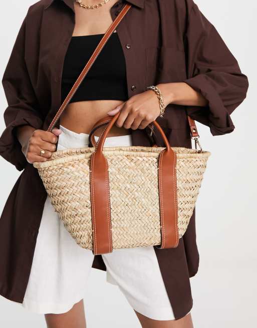 Mango - Borsa di paglia con fascette color cuoio
