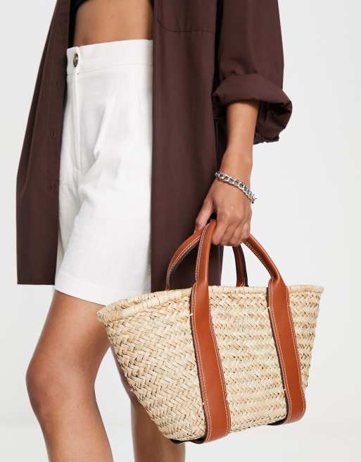 Mango Borsa di paglia con fascette color cuoio