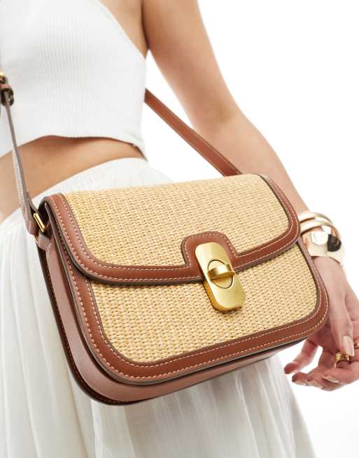 Mango - Borsa in rafia con profili a contrasto color cuoio 