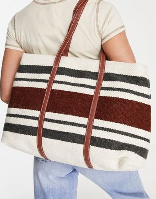 Mango large stripe pattern tote bag with leather handle in beige - ASOS Price Checker